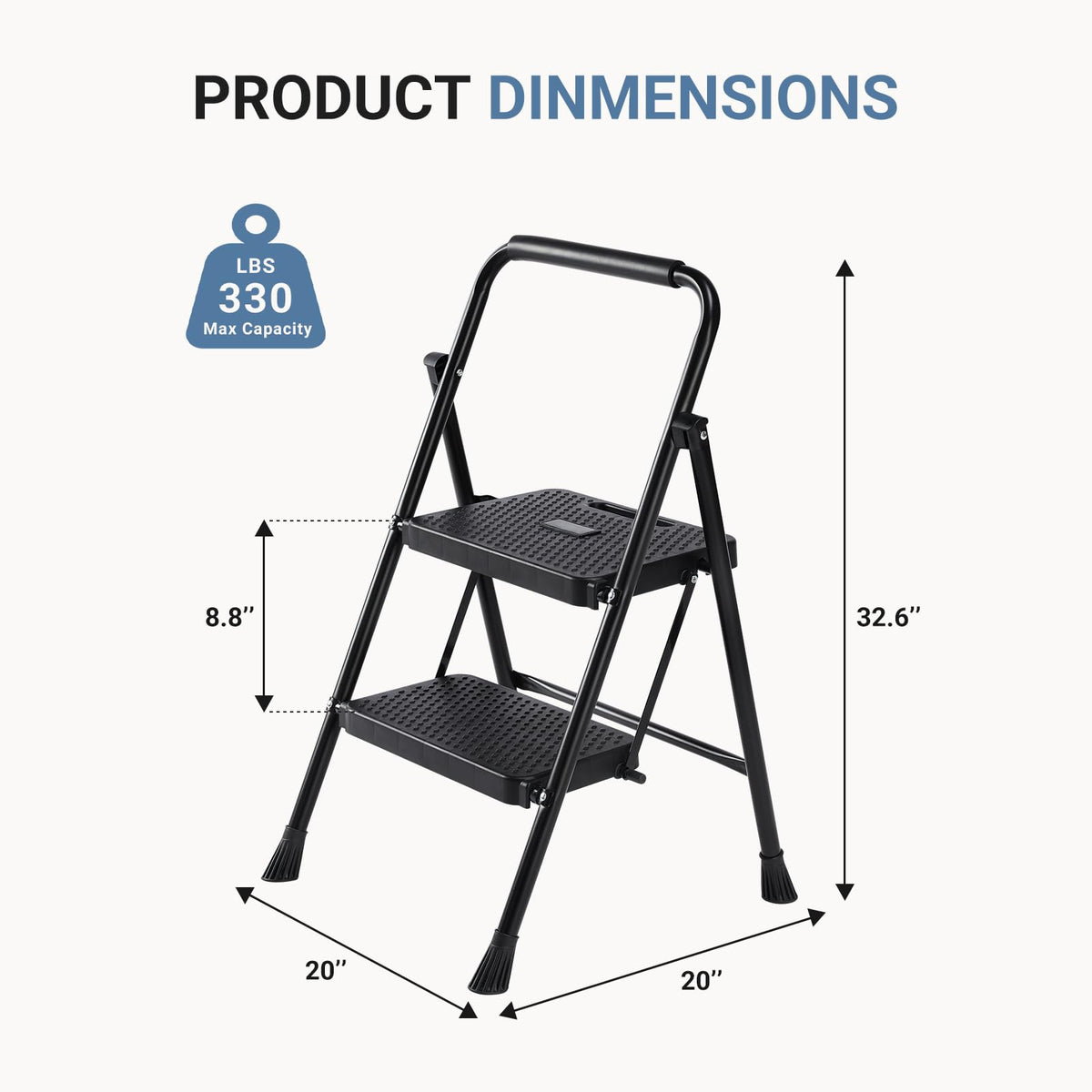 2 Step Stool with Anti-Slip Pedal & Handrail, 330lbs, Black E139483