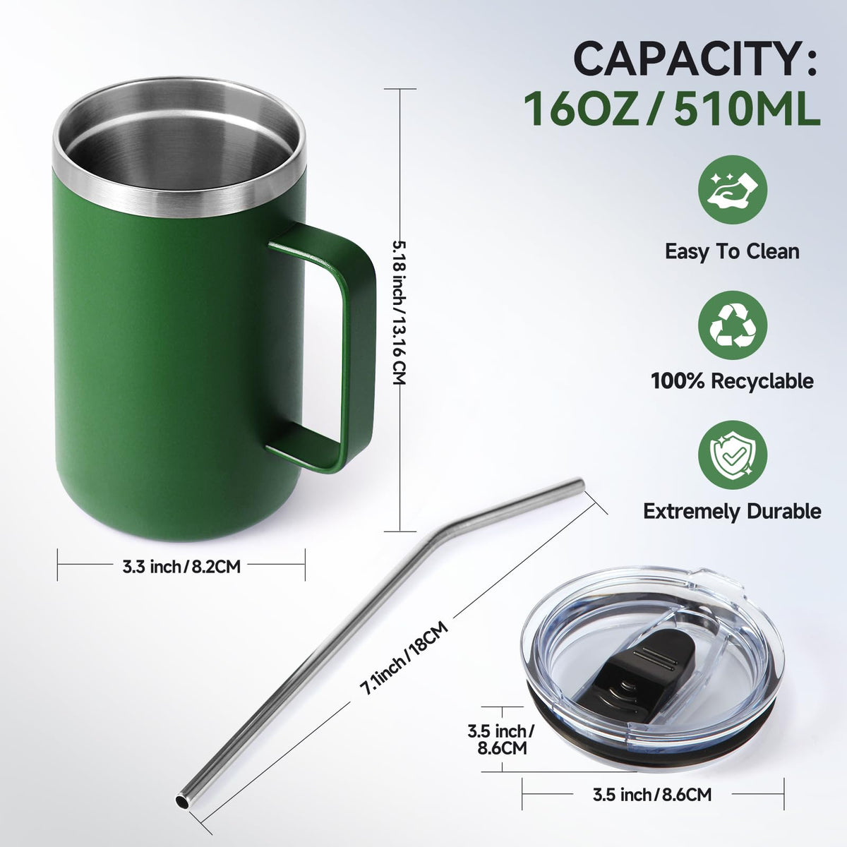 16oz Insulated Stainless Steel Coffee Mug with Lid and Straw V919526