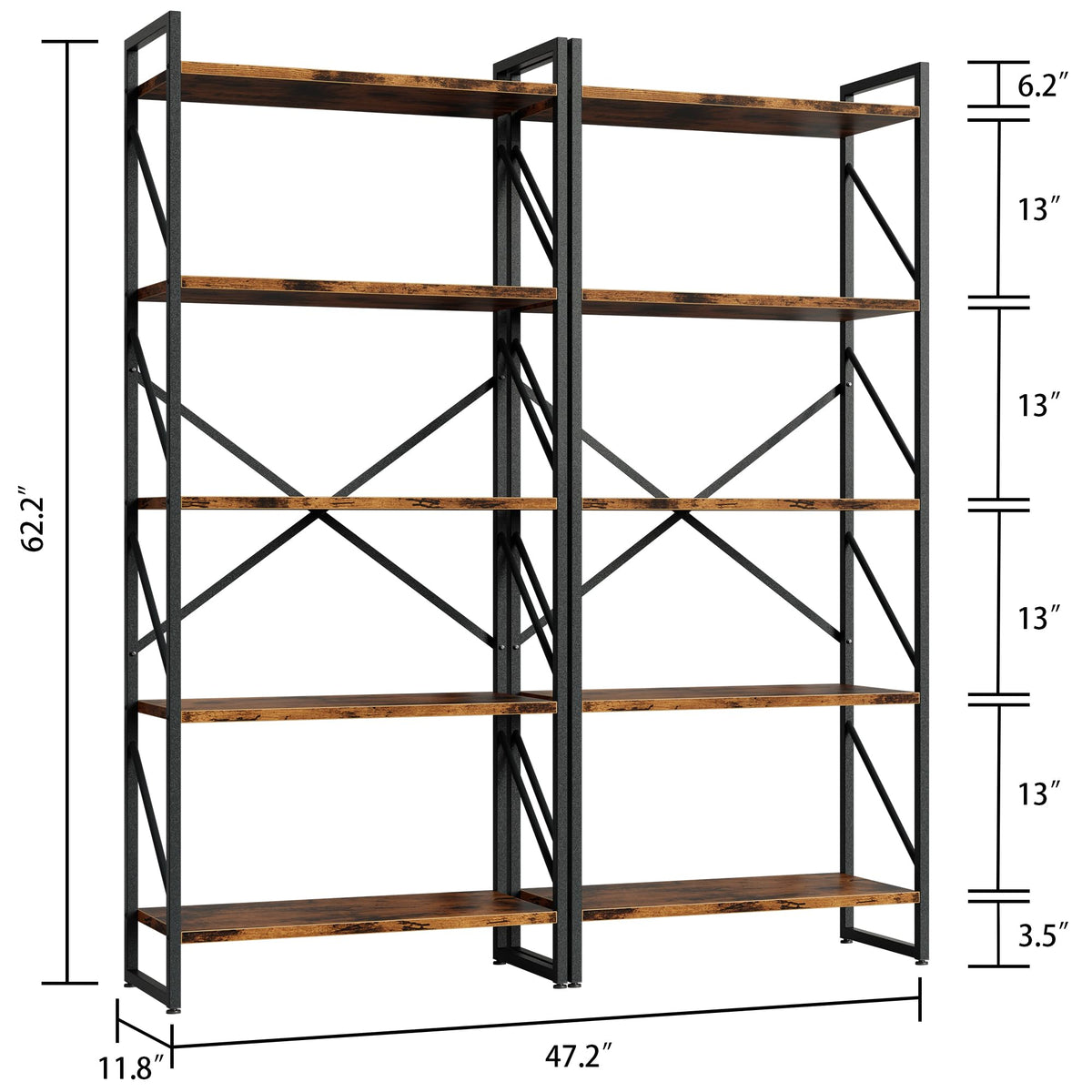 5 Tiers Rustic Brown Bookshelf W510