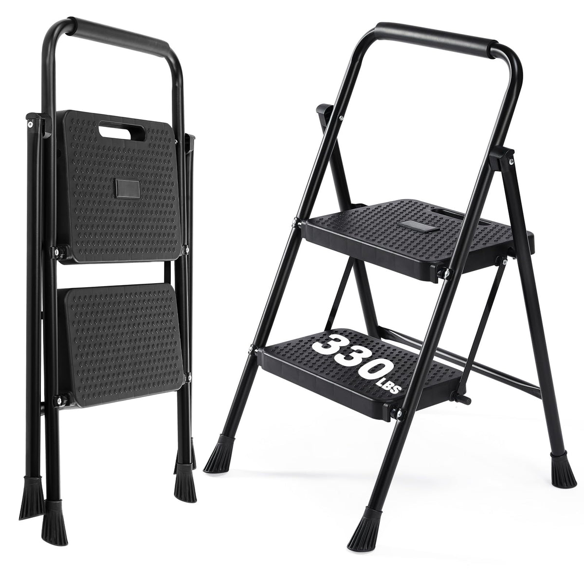 2 Step Stool with Anti-Slip Pedal & Handrail, 330lbs, Black E139483