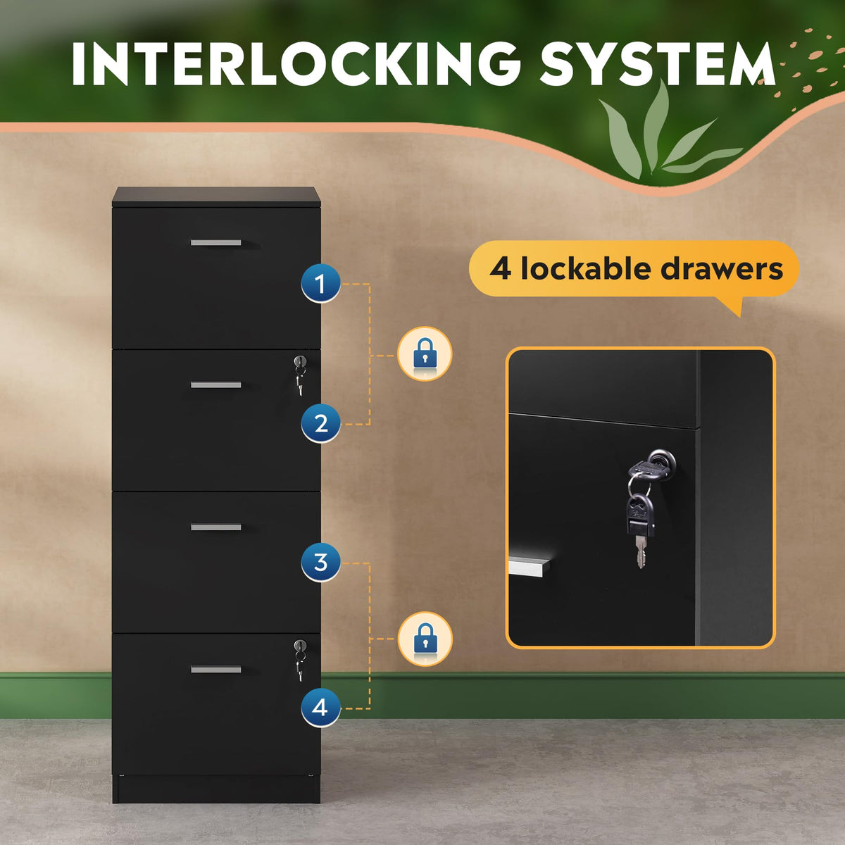 4 Drawer Wood File Cabinet with Lock U88875