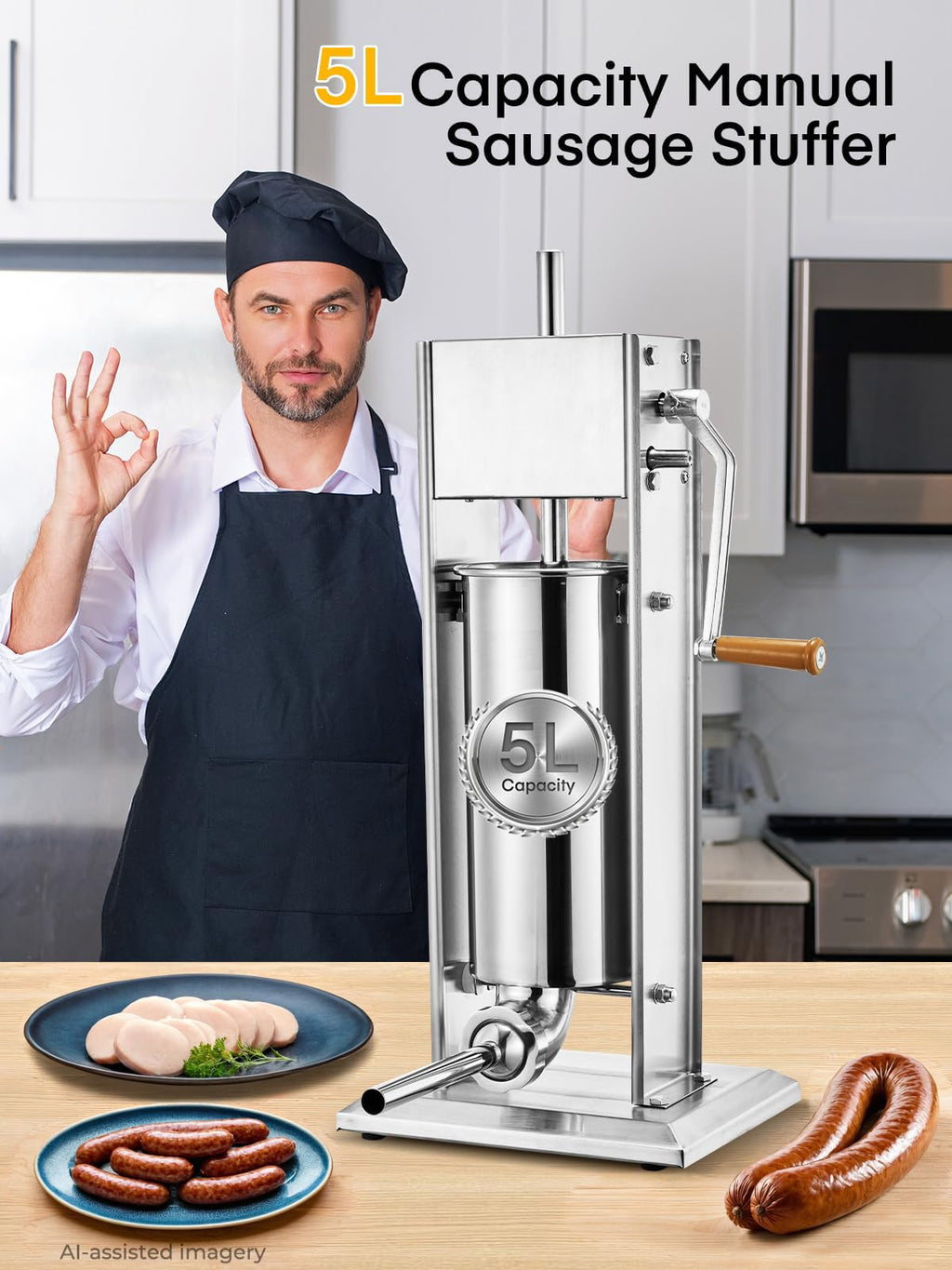 5L Stainless Steel Manual Sausage Stuffer with 4 Stuffing Tubes C26542