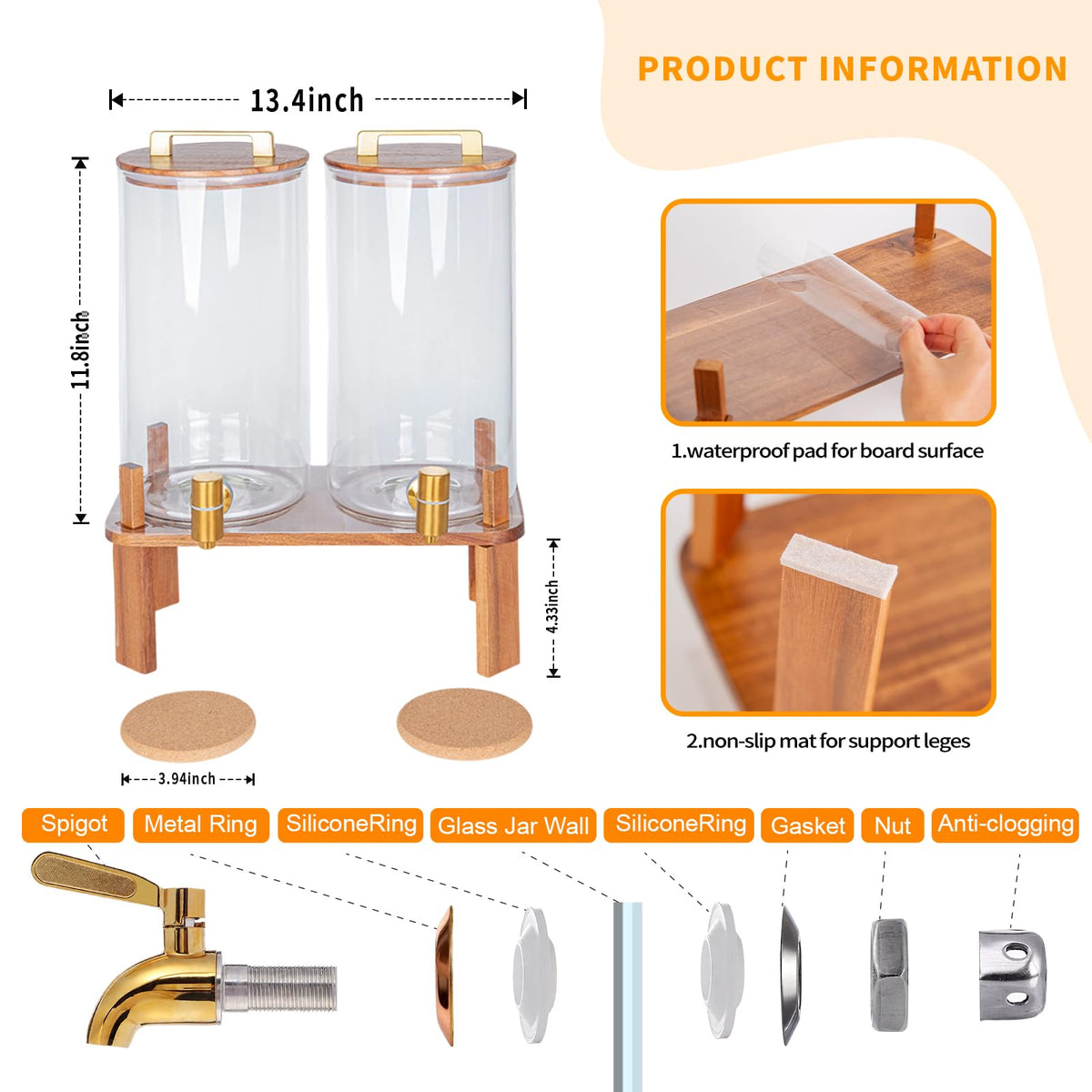 2 Pack 1.5 Gallon Glass Beverage Dispenser with Wooden Lid L14196