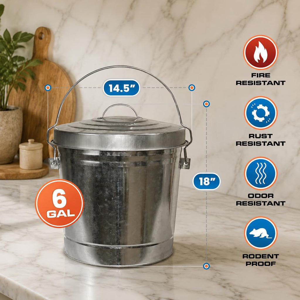 6 Gallon Galvanized Metal Trash Can with Locking Lid W57437