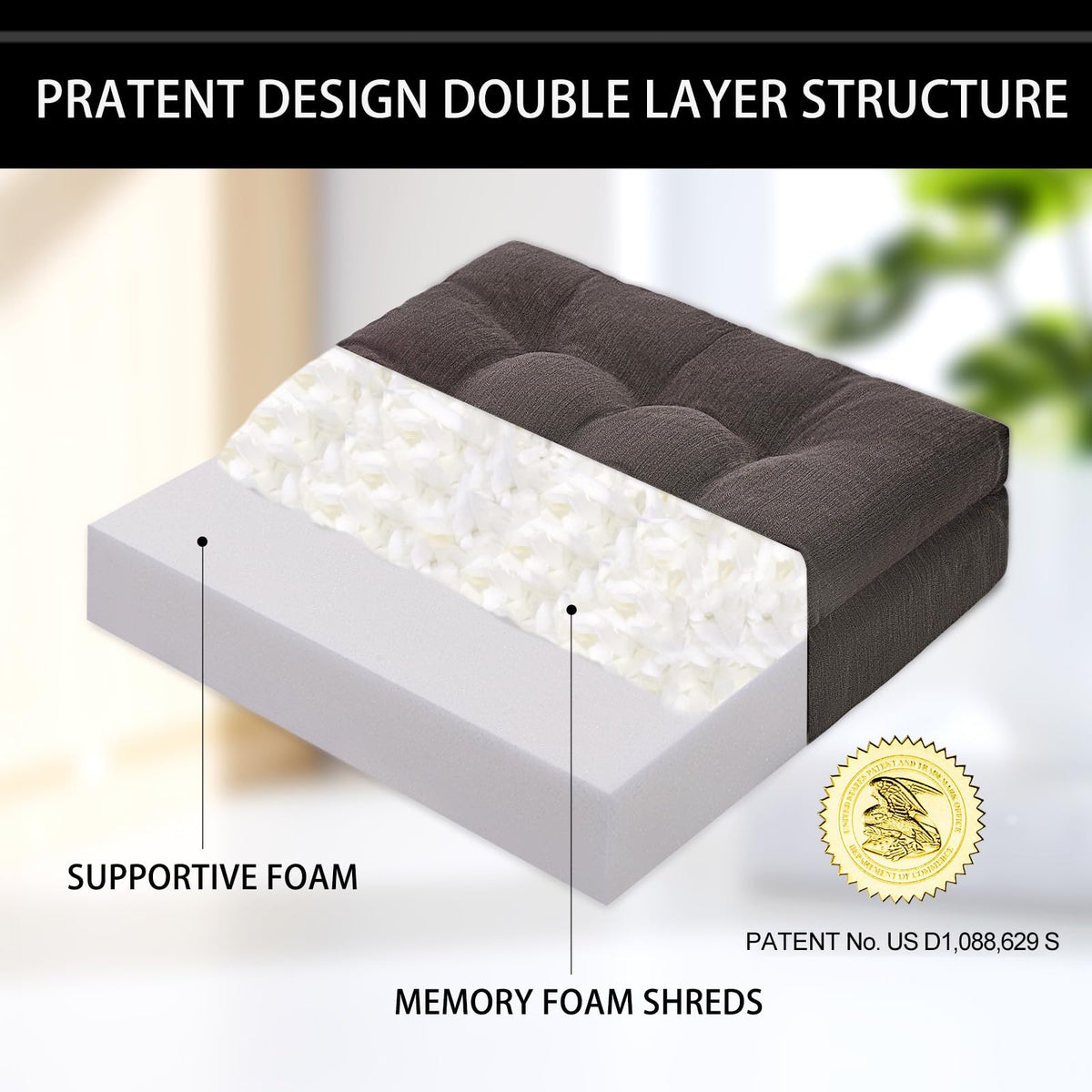 20x20x5 Inch Thick Tufted Dual Layer Chair Cushion Taupe 1P I78870
