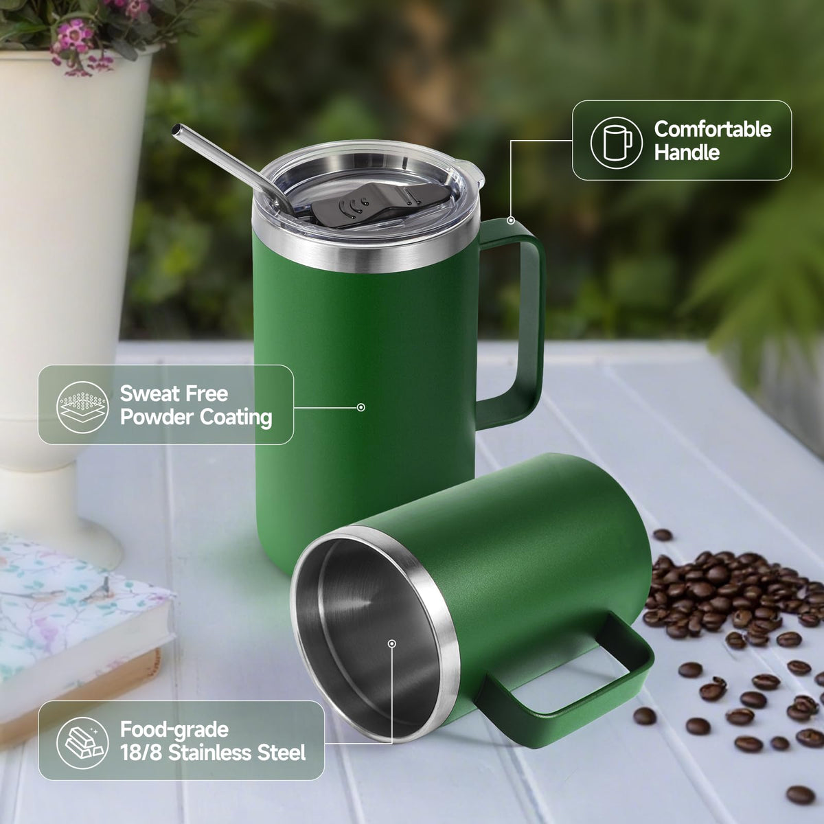 16oz Insulated Stainless Steel Coffee Mug with Lid and Straw V919526