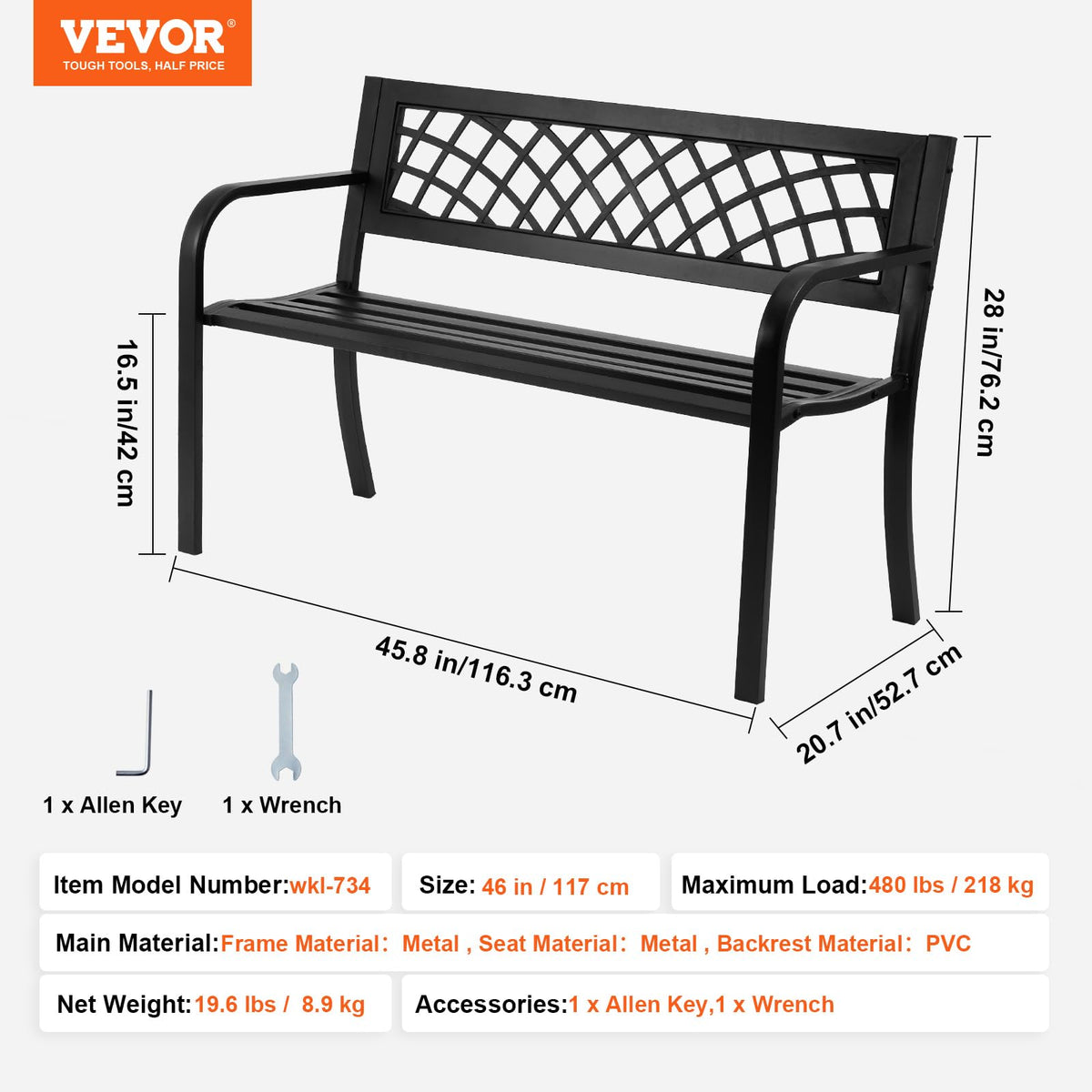 46" Iron Steel Frame Garden Bench with Mesh Pattern and Plastic Backrest A897