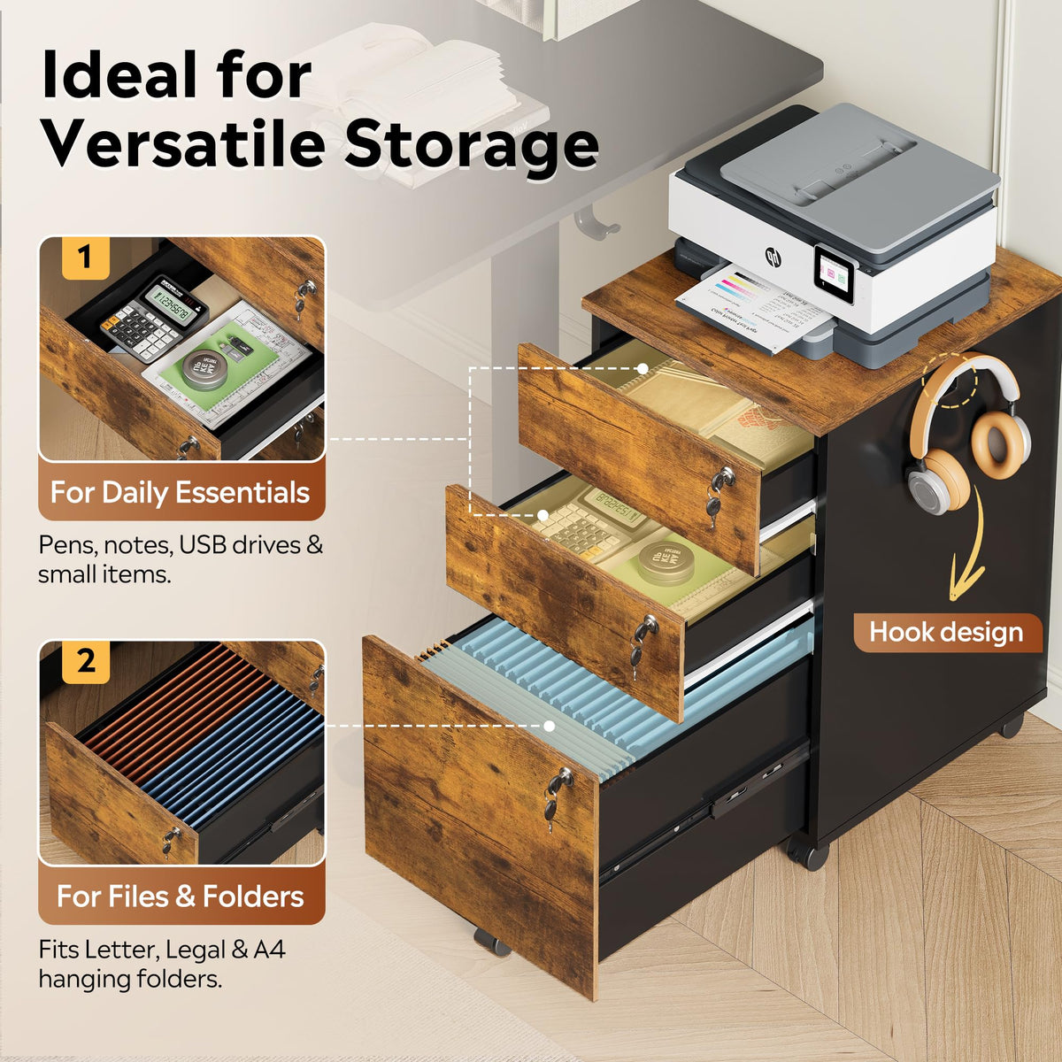 3 Drawer Wood File Cabinet with Locks U910