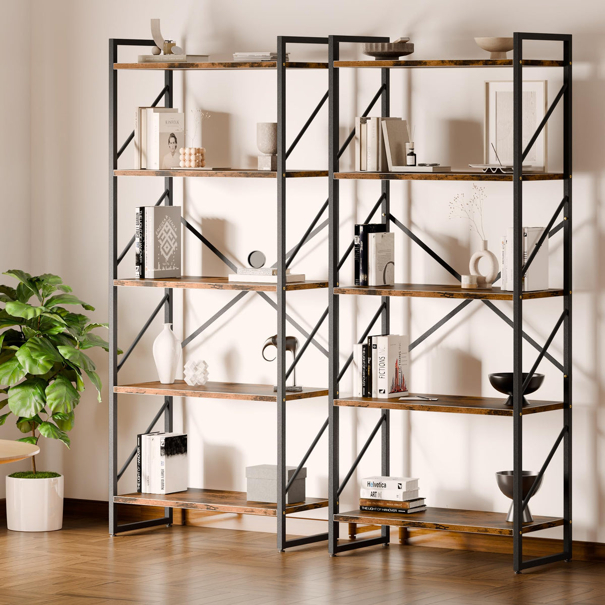 5 Tiers Rustic Brown Bookshelf W510