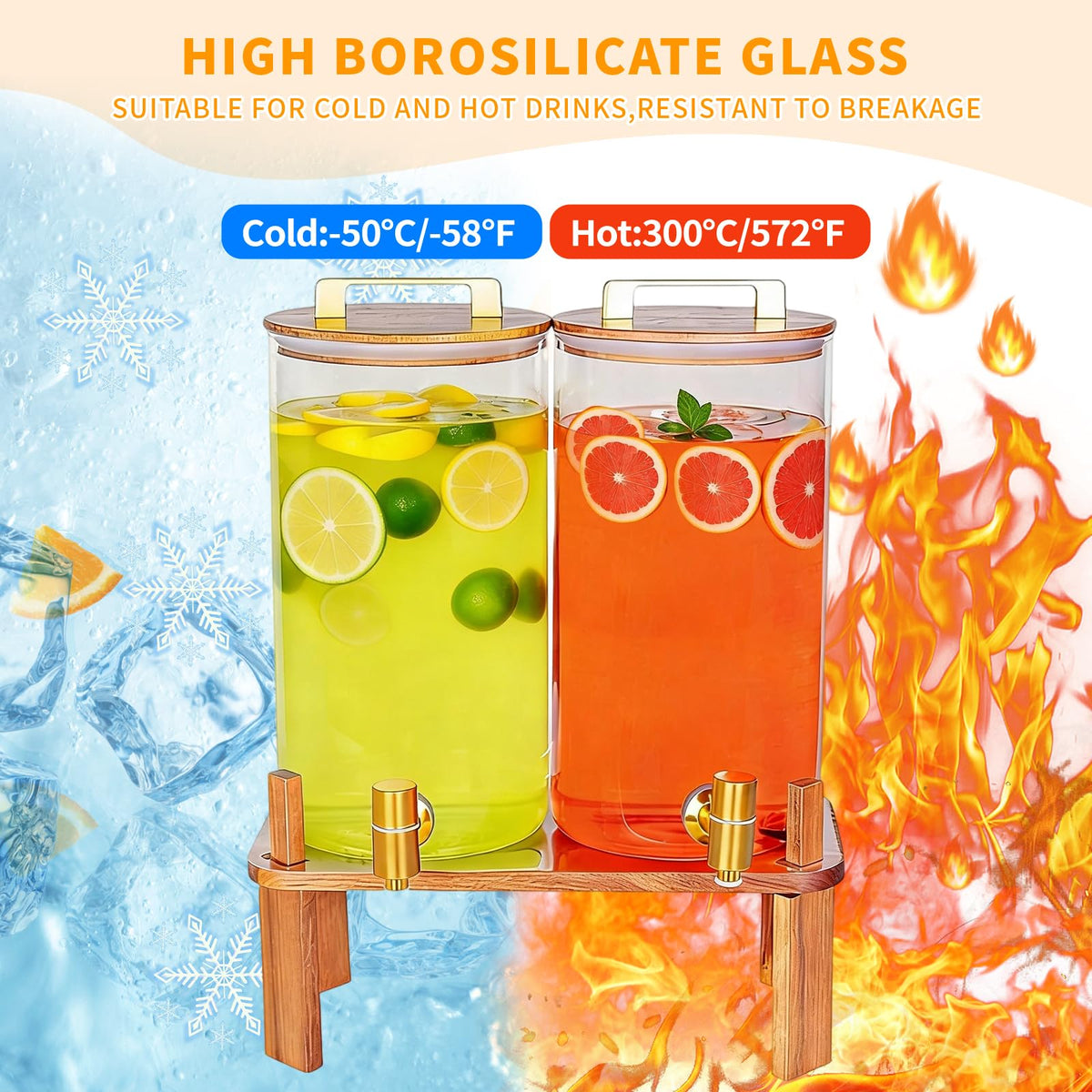 2 Pack 1.5 Gallon Glass Beverage Dispenser with Wooden Lid L14196