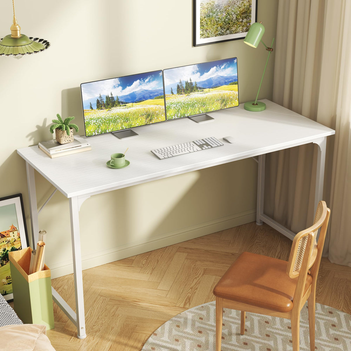 55 Inch White Computer Desk with Metal Frame V278130