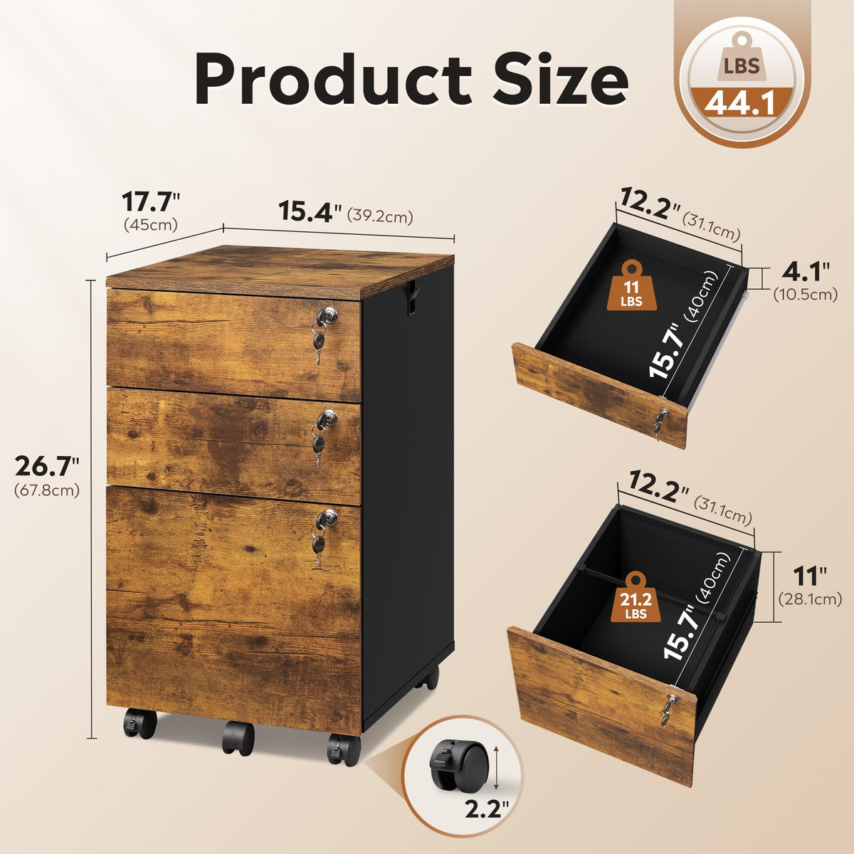 3 Drawer Wood File Cabinet with Locks U910