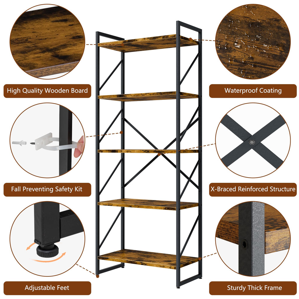 5 Tiers Rustic Brown Bookshelf W510