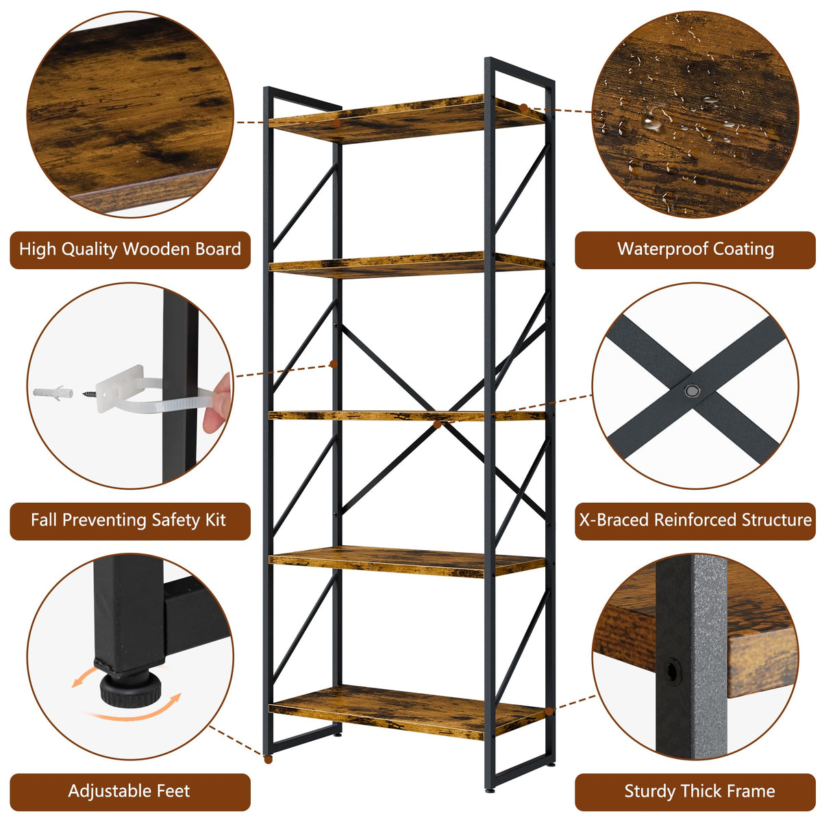 5 Tiers Rustic Brown Bookshelf W510