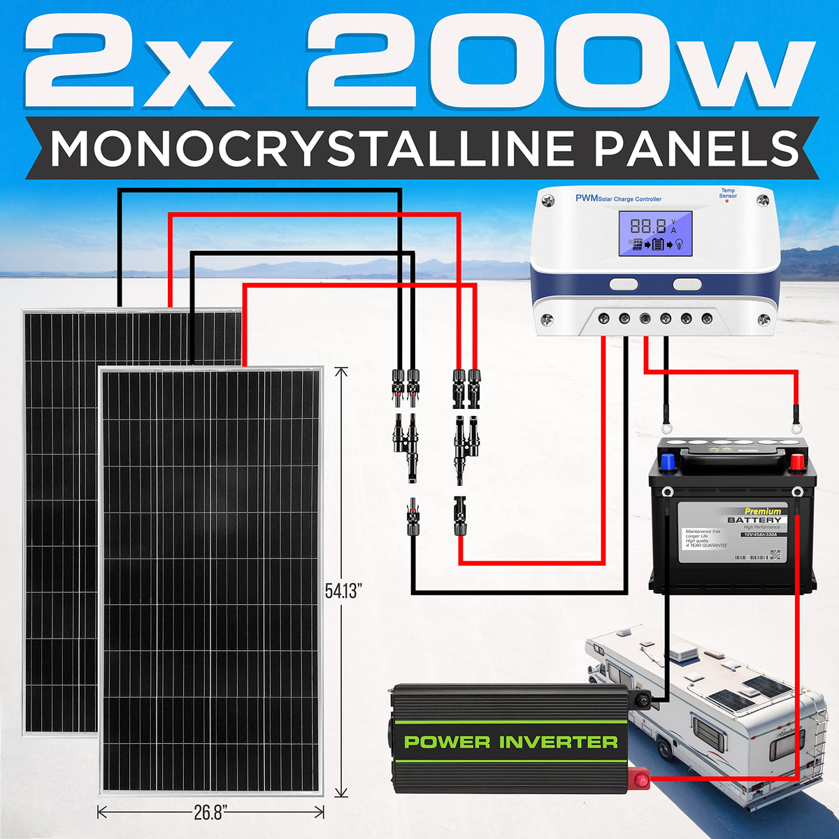 400 Watt 12V Portable Solar Starter Kit with 2 Pcs 200W Monocrystalline Set and 30A PWM Controller C9503
