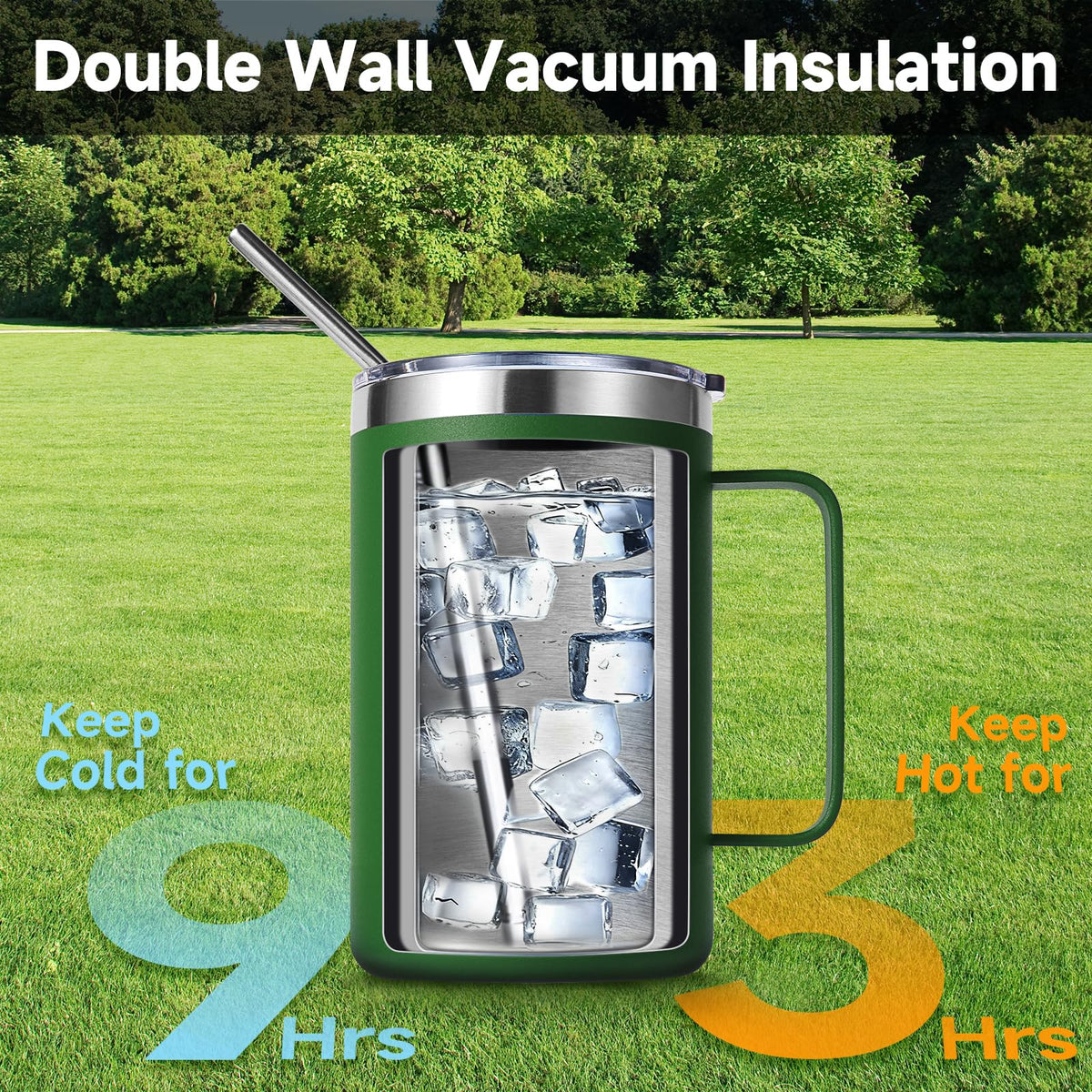 16oz Insulated Stainless Steel Coffee Mug with Lid and Straw V919526