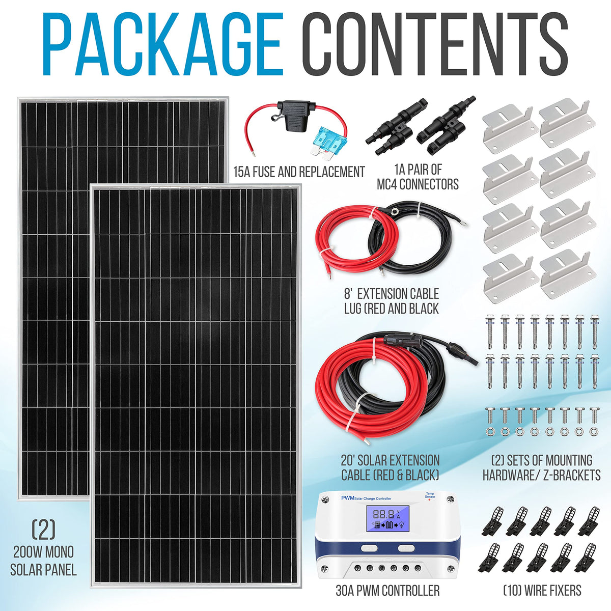 400 Watt 12V Portable Solar Starter Kit with 2 Pcs 200W Monocrystalline Set and 30A PWM Controller C9503
