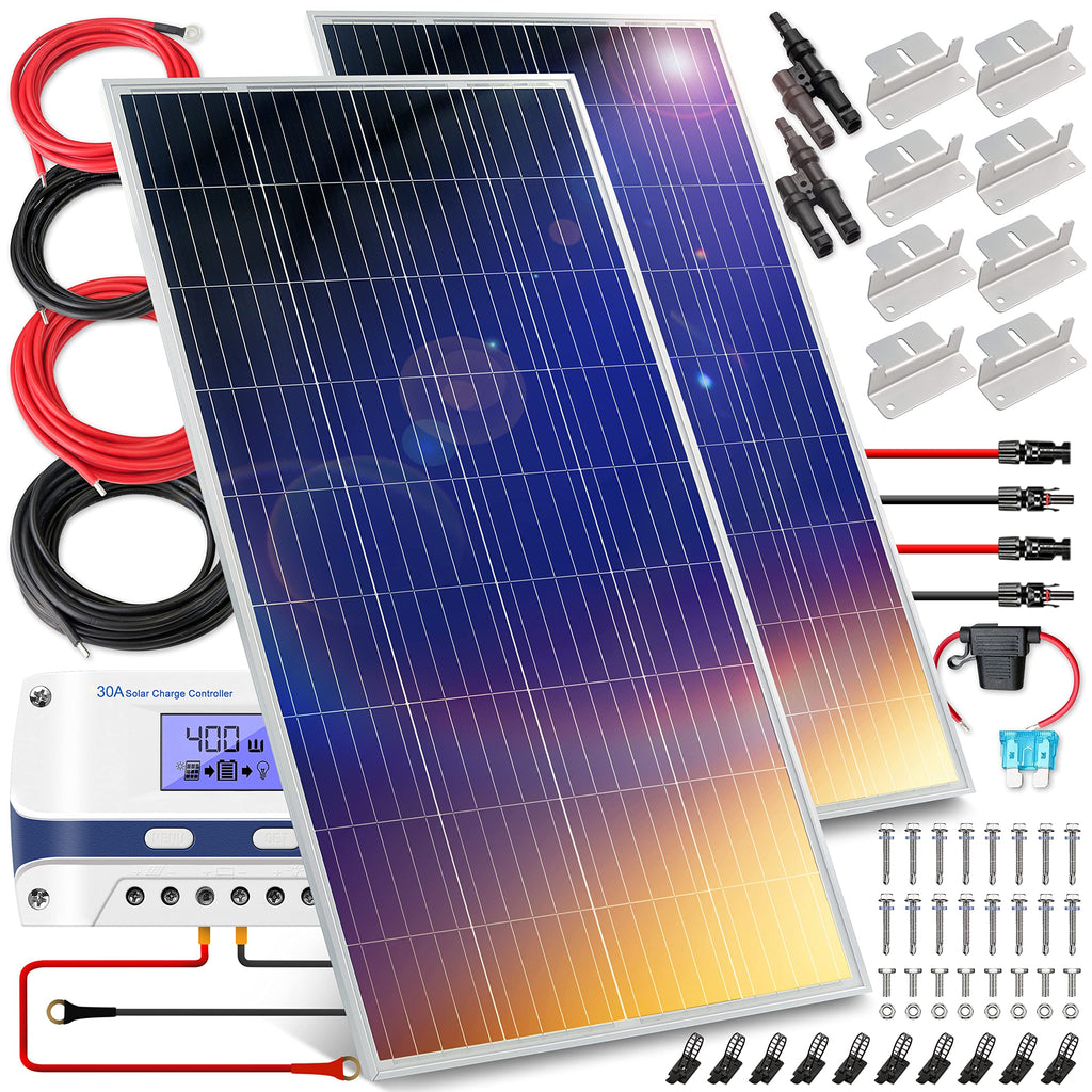 400 Watt 12V Portable Solar Starter Kit with 2 Pcs 200W Monocrystalline Set and 30A PWM Controller C9503