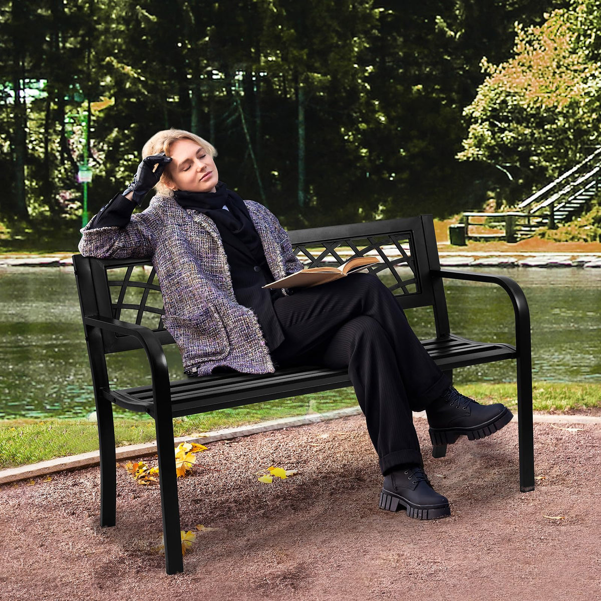 46" Iron Steel Frame Garden Bench with Mesh Pattern and Plastic Backrest A897